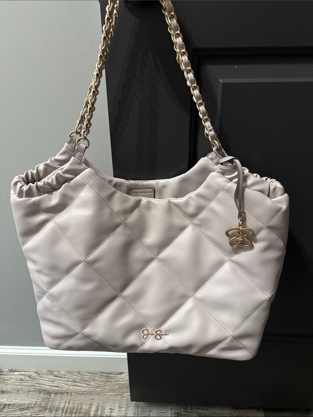 Quilted Chain-Handle Tote Bag in Light Taupe by